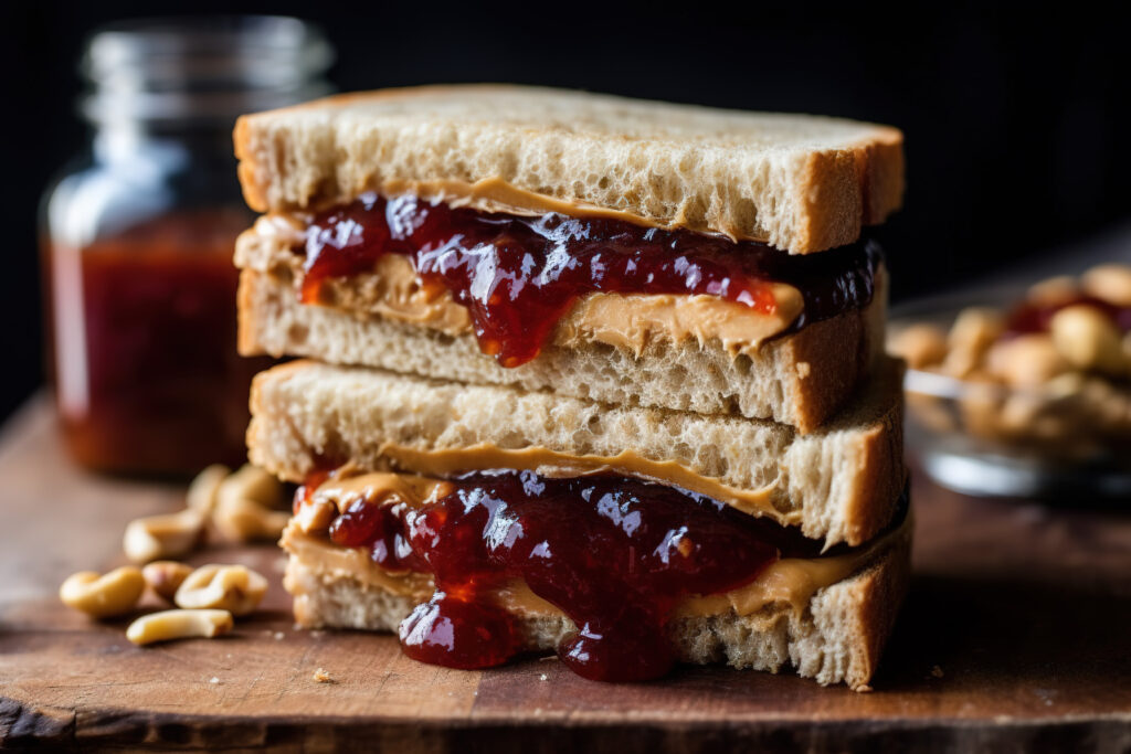 Classic peanut butter and jelly sandwich, with the rich, creamy peanut butter perfectly paired with a sweet, fruity jam or jelly. Generative AI.