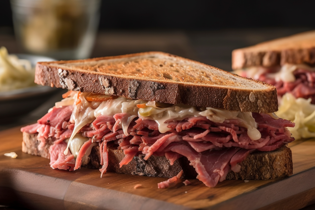 Reuben sandwich - A deli-style sandwich made with corned beef, S